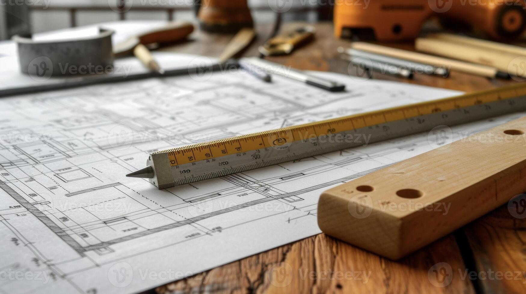 utensili di il commercio un' righello matita e architettonico scala visualizzato su un' redazione tavolo pieno con tecnico disegni per un' maggiore casa rinnovamento foto