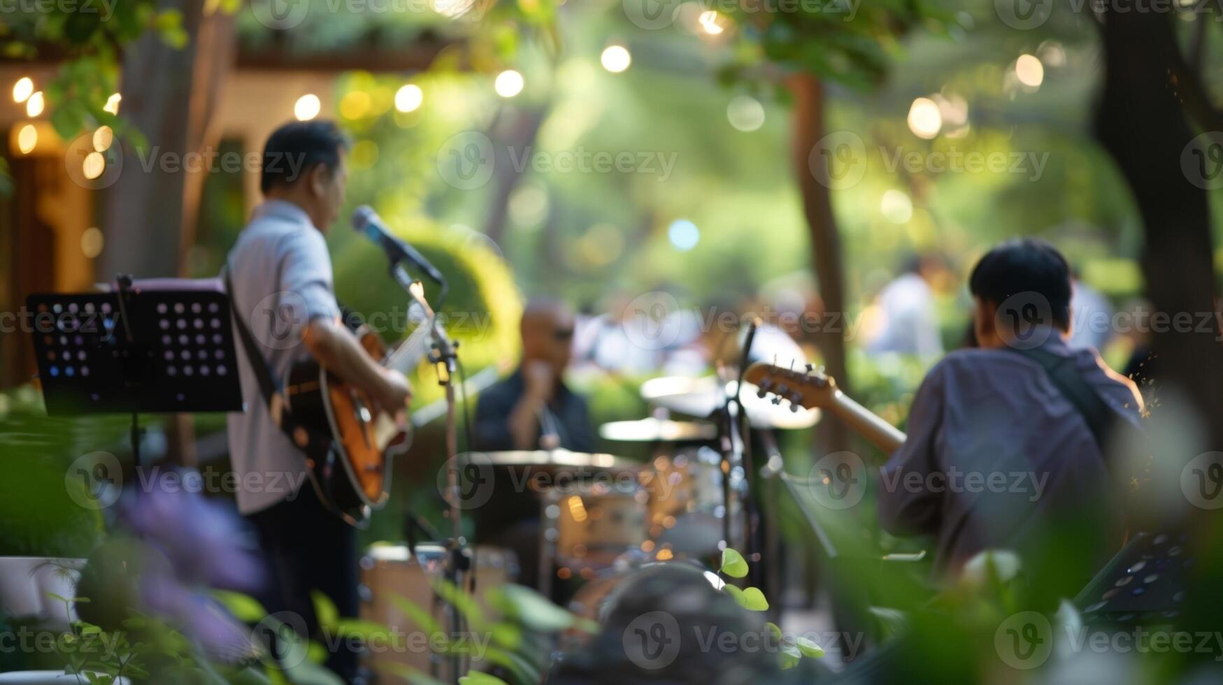 un' vivere gruppo musicale giocando morbido sfondo musica aggiungendo per il elegante e sereno atmosfera di il mocktail giardino festa foto