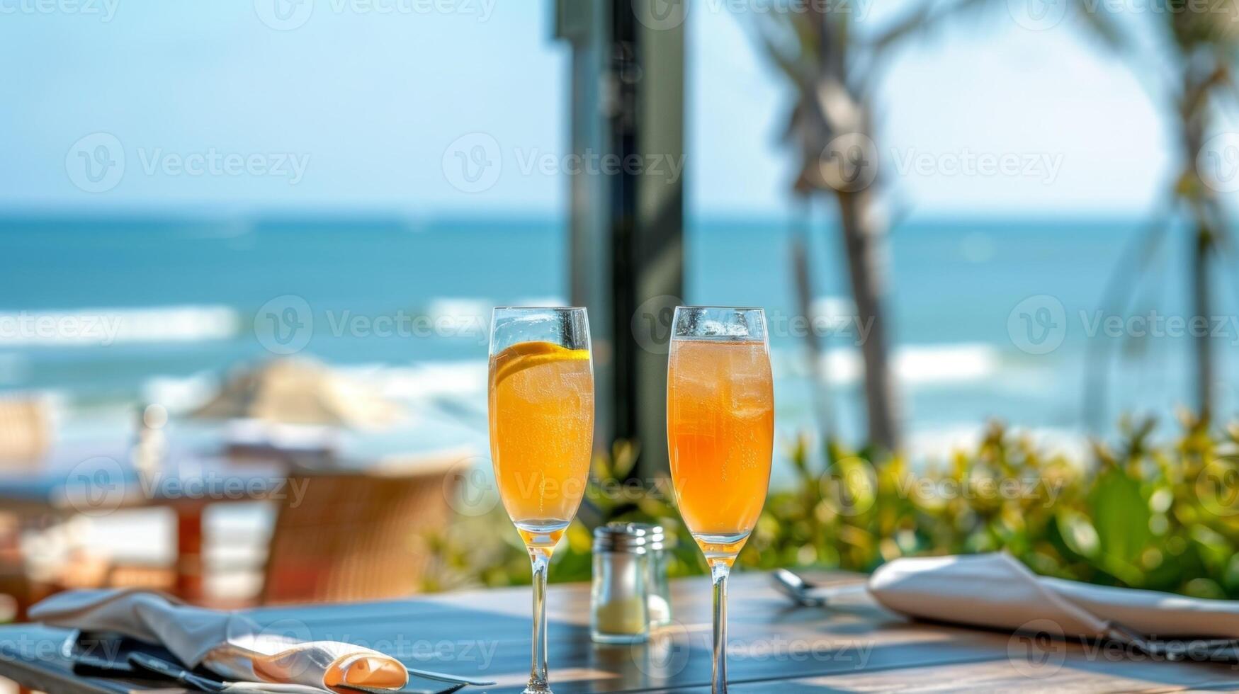 sorso su un' rinfrescante mimosa e assaporare il oceano visualizzazioni a nostro spiaggia capanna brunc foto