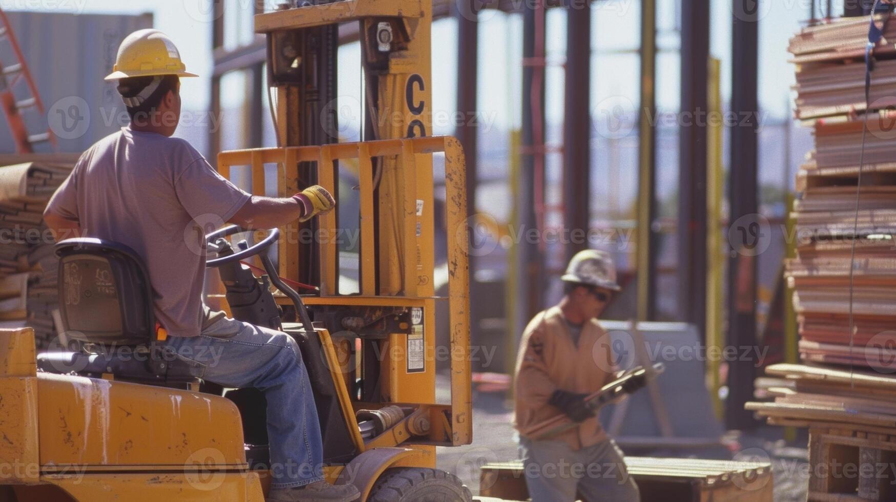 un' gruppo di costruzione lavoratori manovra un' carrello elevatore a forca accuratamente sollevamento e trasporto pesante materiale foto