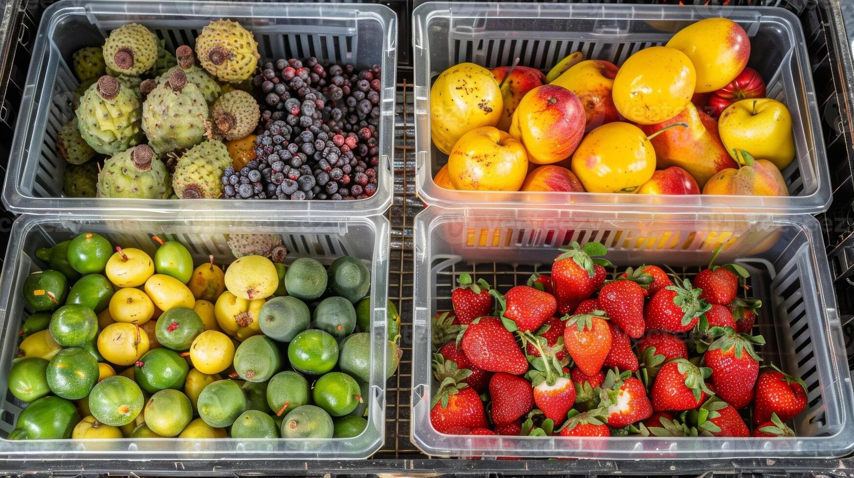 un' cestino pieno con tropicale frutta ogni uno etichettato con il consigliato preservazione od come come congelamento essiccazione o inscatolamento foto