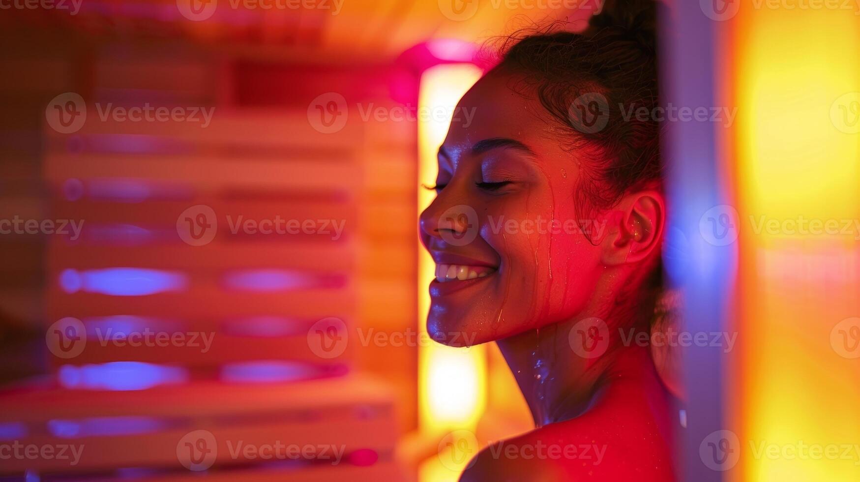 un' donna sorridente come lei esce il sauna sua viso e corpo coperto nel un' leggero lucentezza di sudore un' cartello di il infrarosso onde trating sua articolazioni e miglioramento circolazione. foto