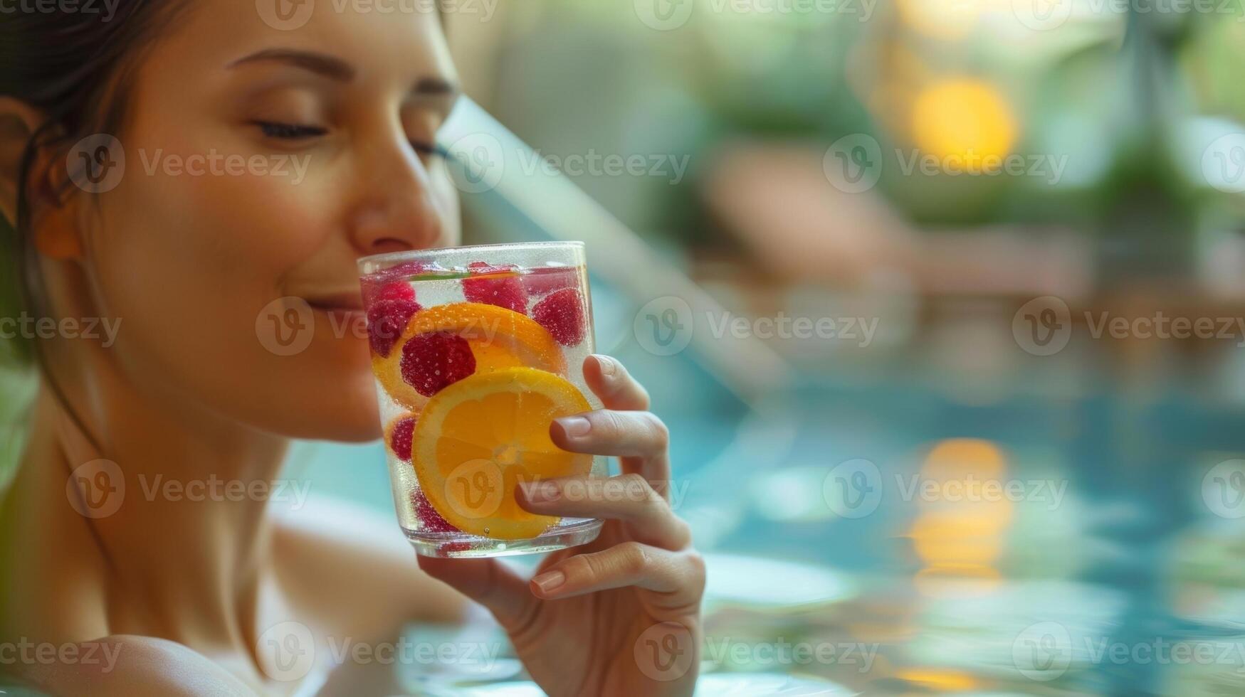 un' ringiovanito e soddisfare persona sorseggiando su un' bicchiere di infuso di frutta acqua dopo loro sauna e massaggio sensazione rinfrescato e ringiovanito. foto