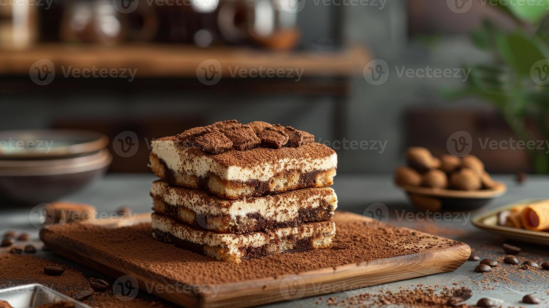 un' Torre di cremoso Tiramisù stratificato con imbevuto di caffè espresso savoiardi e spolverato con cacao polvere foto