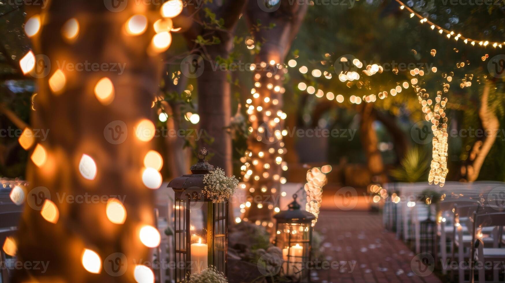 il all'aperto cerimonia è circondato di dolcemente raggiante alberi ogni uno avvolto nel Fata luci e ornato con lanterne per Inserisci per il romantico ambiente. 2d piatto cartone animato foto