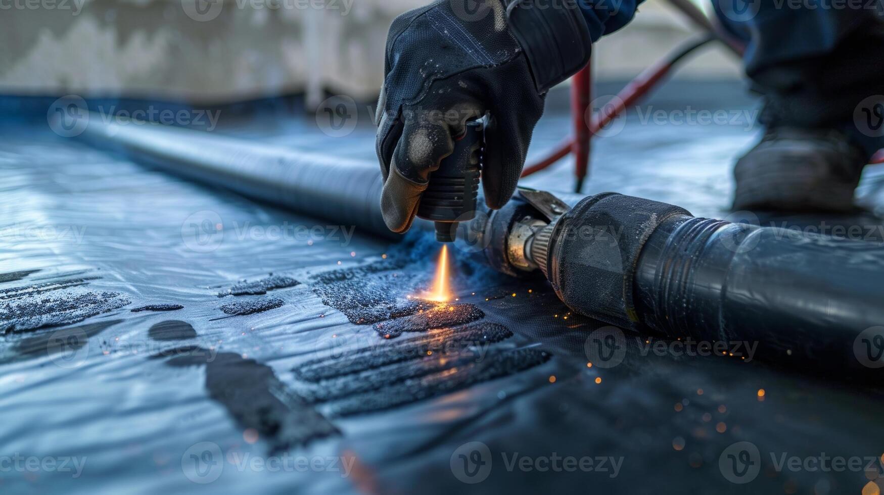 un' lavoratore utilizzando un' calore pistola per fusibile insieme Due pezzi di geotessile tessuto la creazione di un' senza soluzione di continuità e forte connessione foto