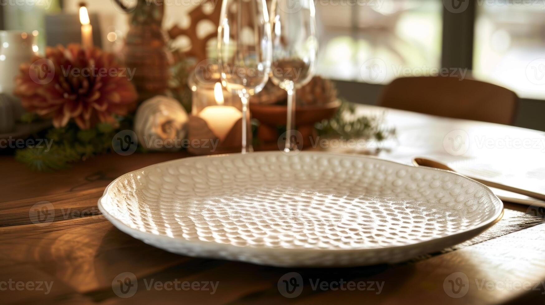 un' ceramica piatto con un intricato modello di sollevato puntini creato di utilizzando un' fatto a mano struttura francobollo aggiungendo un' unico toccare per qualunque tablescape. foto