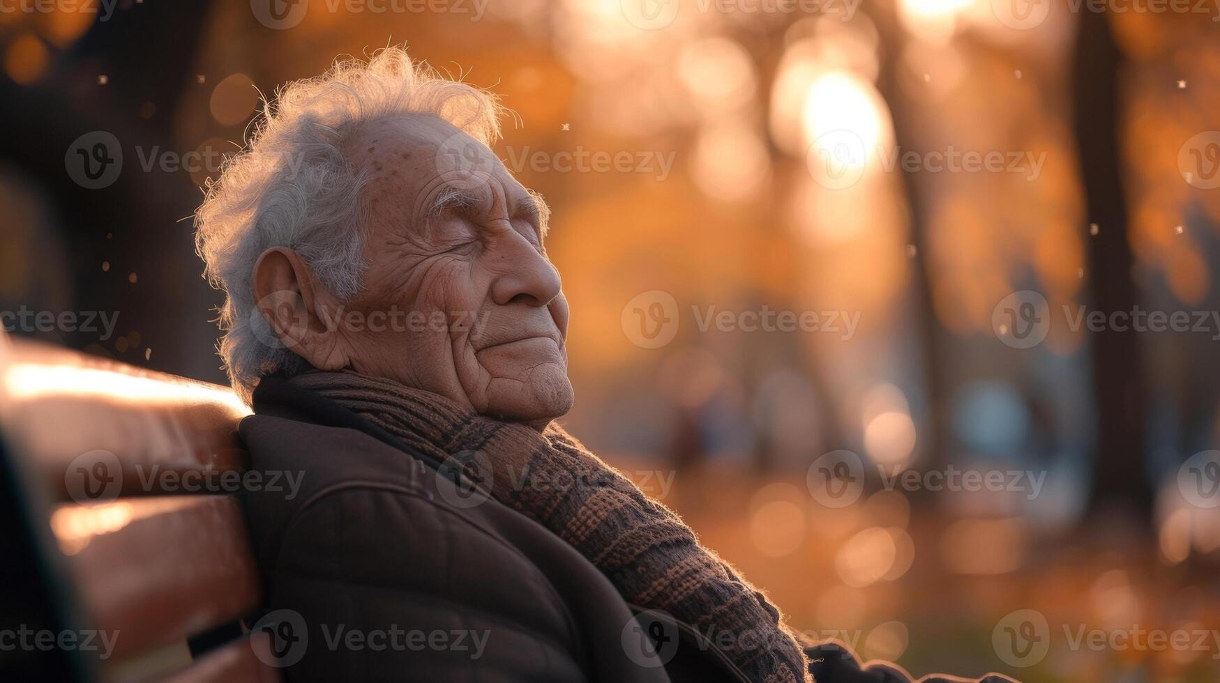 un anziano uomo seduta su un' parco panchina il suo occhi chiuso e un' svenire Sorridi su il suo viso come lui ascolta per il uccelli cantando e il dolce ronzio di un' nuovo giorno inizio foto