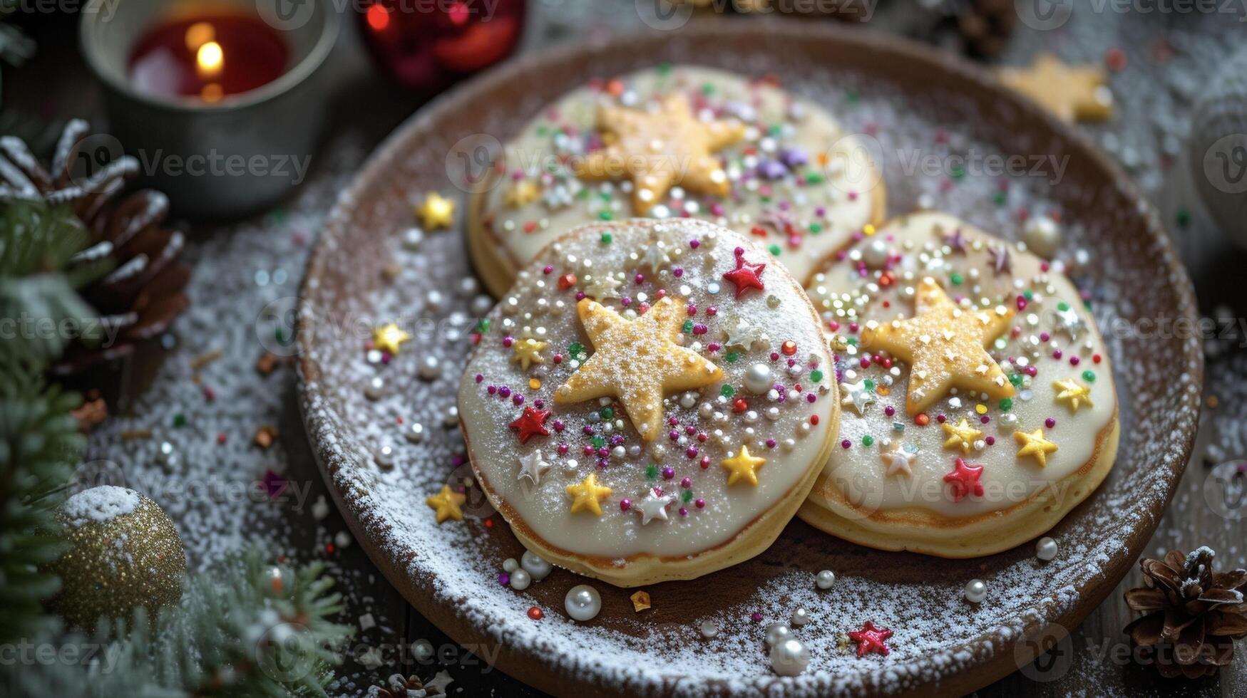 come il neve cascate al di fuori caldo su di il fuoco con queste capricciosamente decorato Pancakes con scintillante stelle e colorato Fata polvere foto