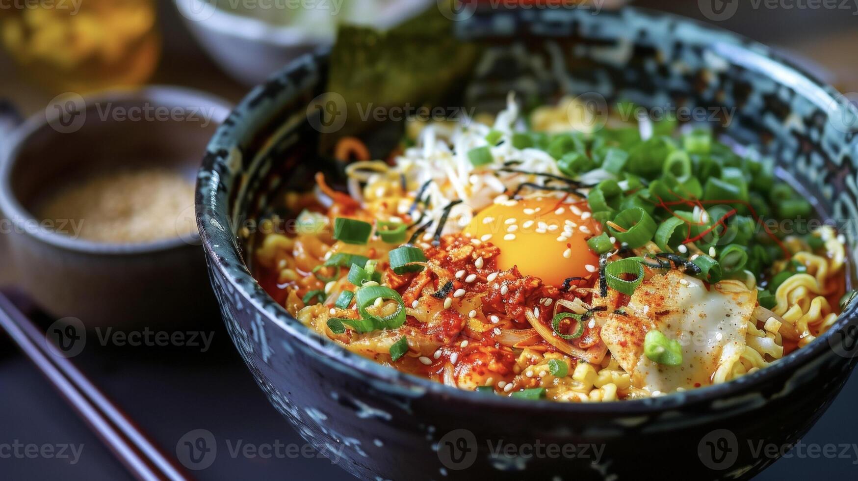 un' vivace ciotola di ramen pieno con un' stuzzicante mescolare di y peperoni chili fiocchi e piccante kimchi foto