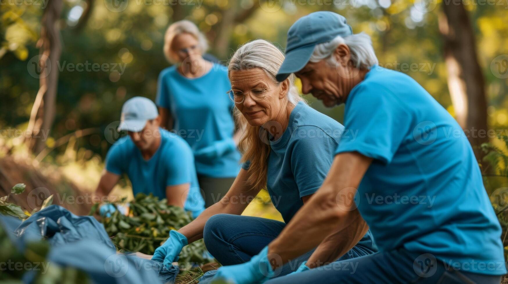 un' squadra di pensionati nel accoppiamento ecofriendly magliette pulizia su un' parco e ordinamento riciclabile per ridurre rifiuto foto