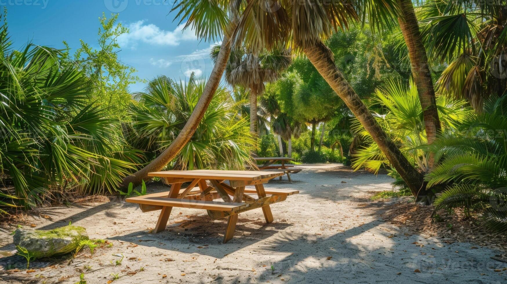 un' rustico di legno picnic tavolo nascosto sotto un' di palma alberi Perfetto per un' casuale al affresco cenare Esperienza foto