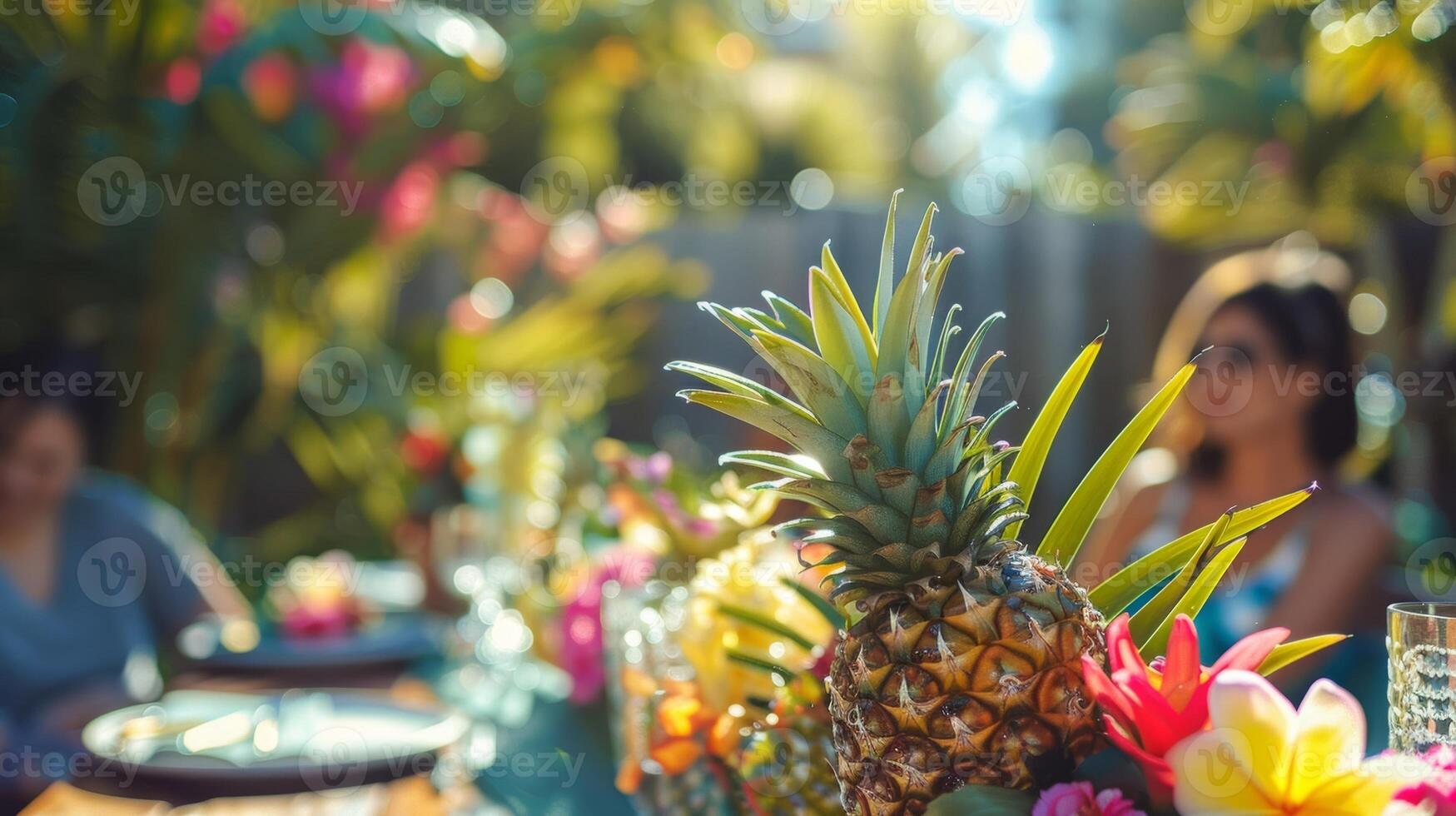 Immagine 5 un' soleggiato Giardino dietro la casa scena con un' picnic tavolo ornato con un' di ispirazione tropicale centrotavola di palma fronde ananas e colorato fiori circondato di ospiti godendo un' tropica foto