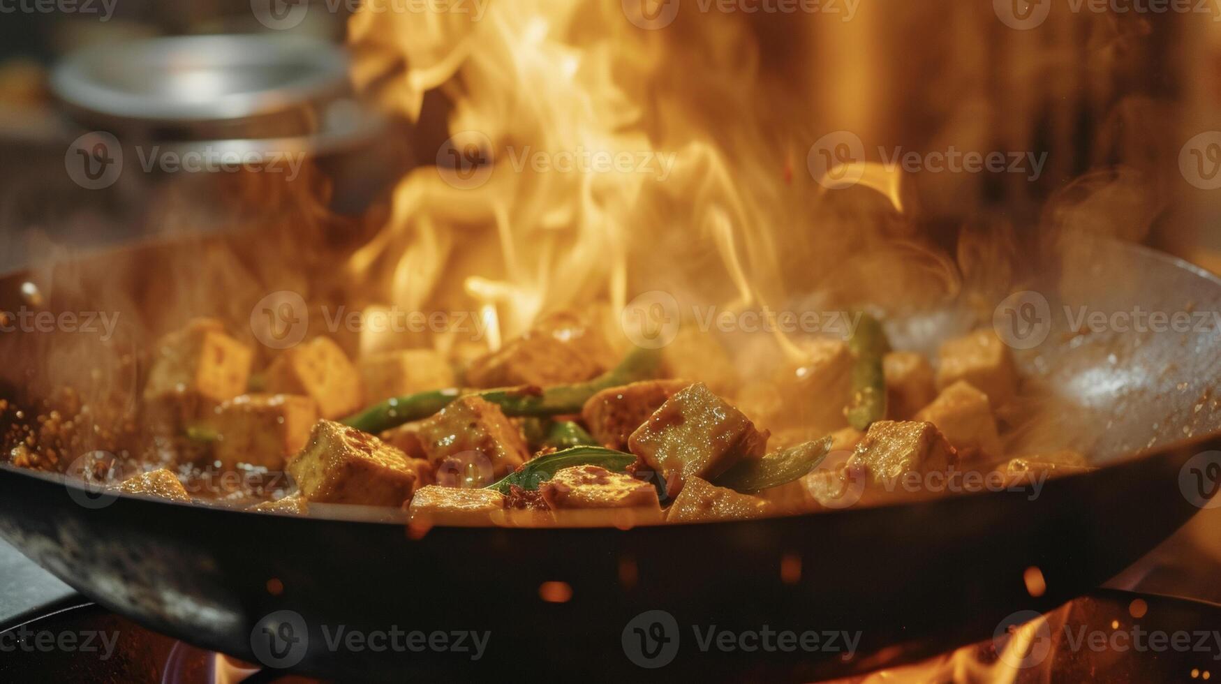 il suono di scoppiettante olio e il odore di y condimenti riempire il cucina come il frizzante tofu saltato in padella balli nel fiamme dando via un' delizioso calore foto