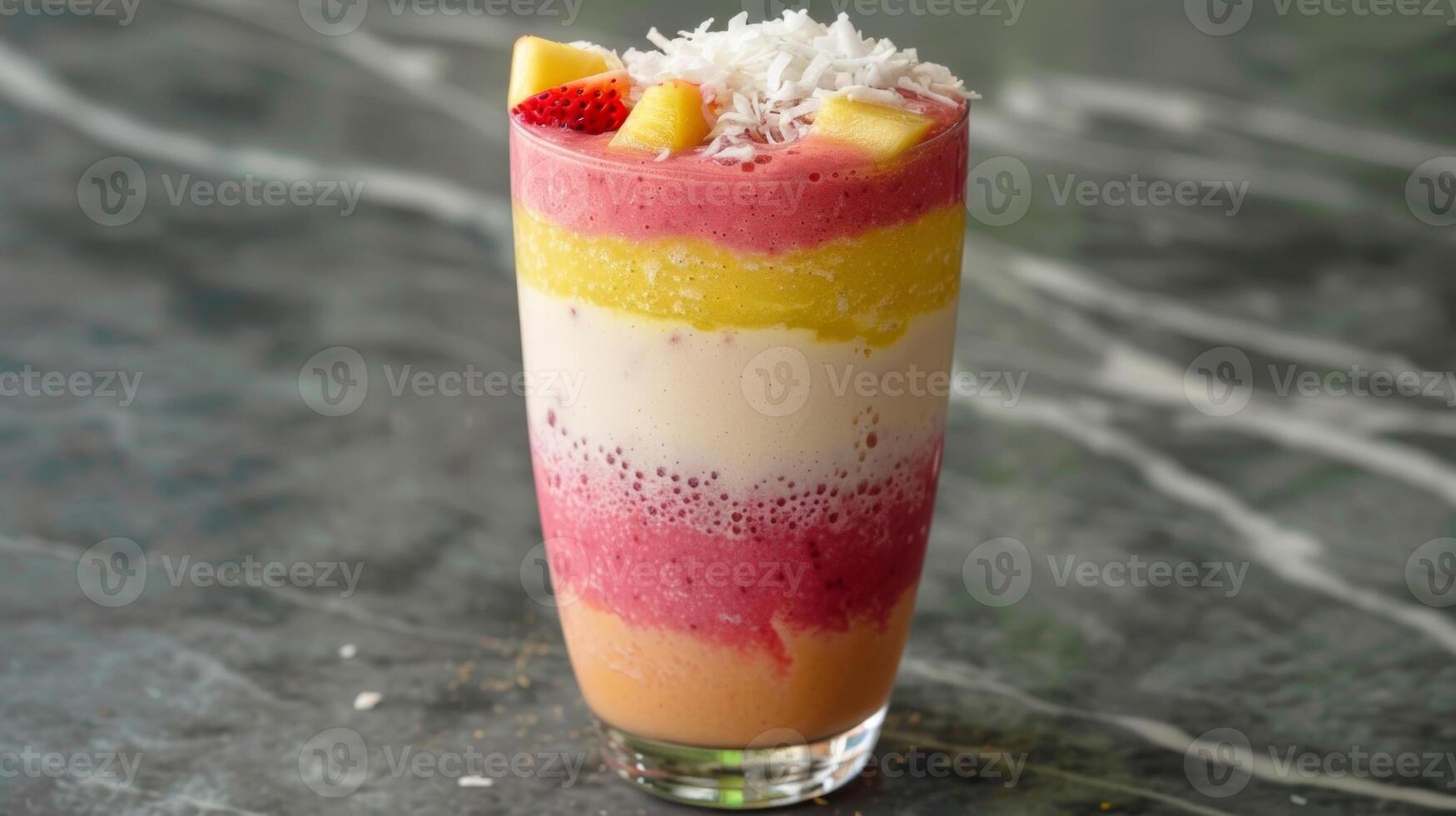 un' tropicale frutta frullato stratificato con diverso colori e sapori sormontato con un' aspersione di triturati Noce di cocco foto