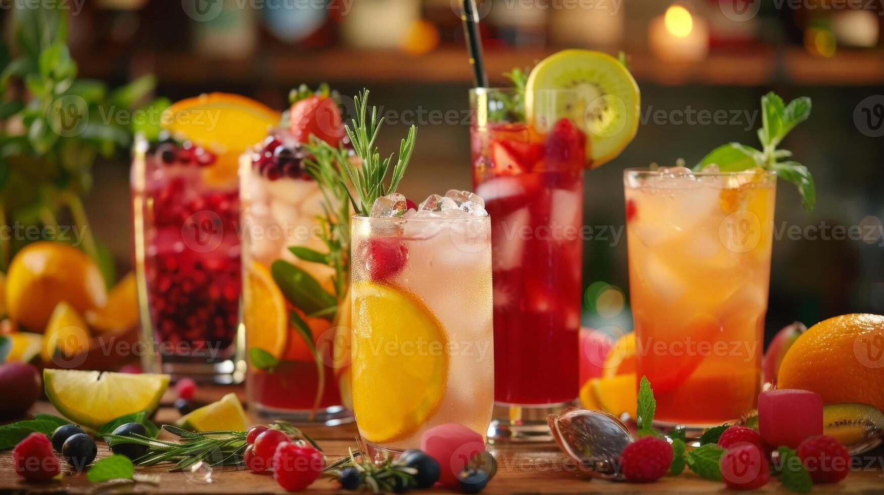 un assortimento di colorato e rinfrescante cocktail analcolici fatto con fresco frutta e erbe aromatiche visualizzato su un' tavolo circondato di contento i clienti foto