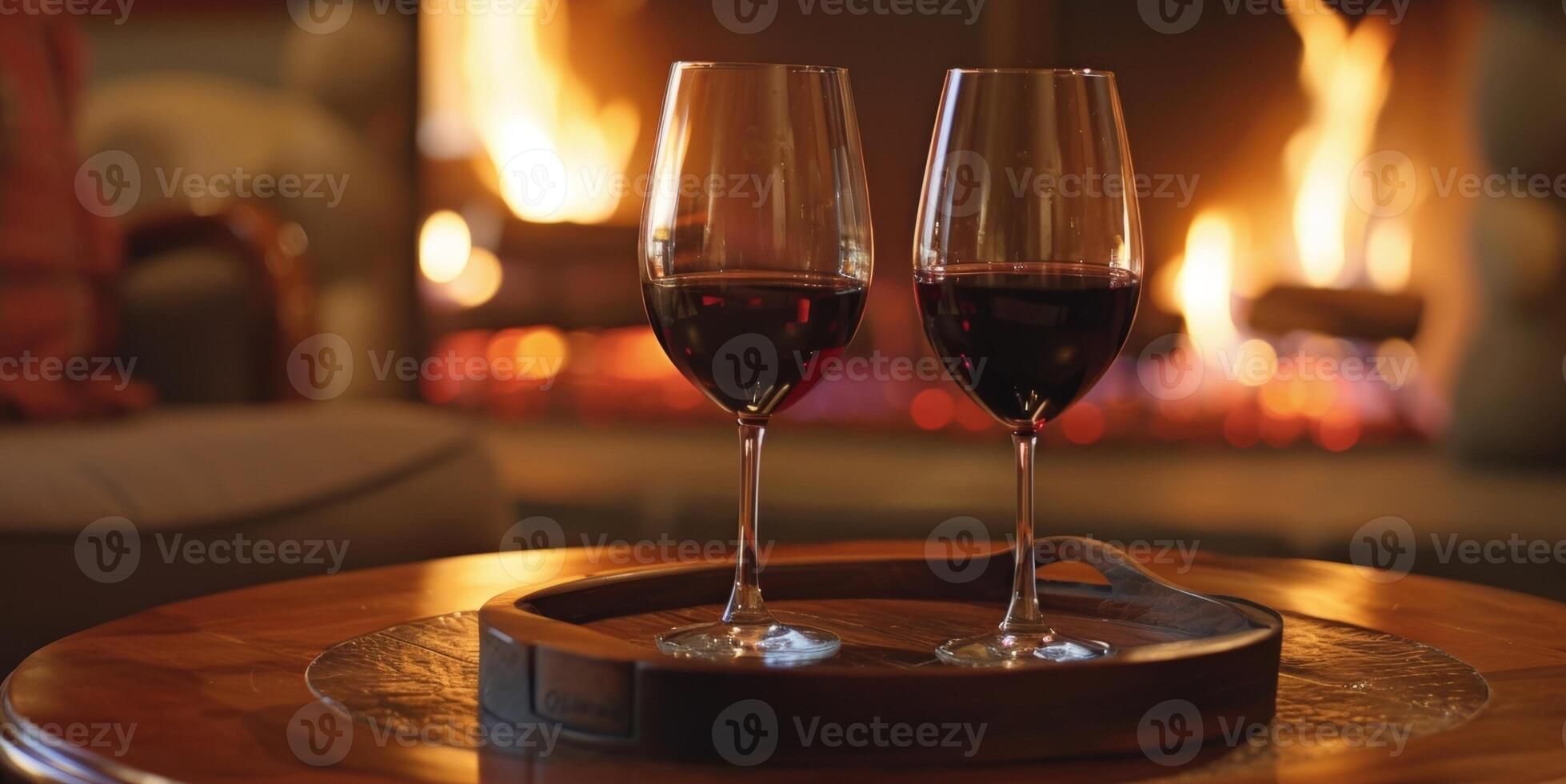 un' piccolo vassoio di rosso vino e Due bicchieri sedersi su il caffè tavolo pronto per un' romantico crostini nel davanti di il fuoco. 2d piatto cartone animato foto