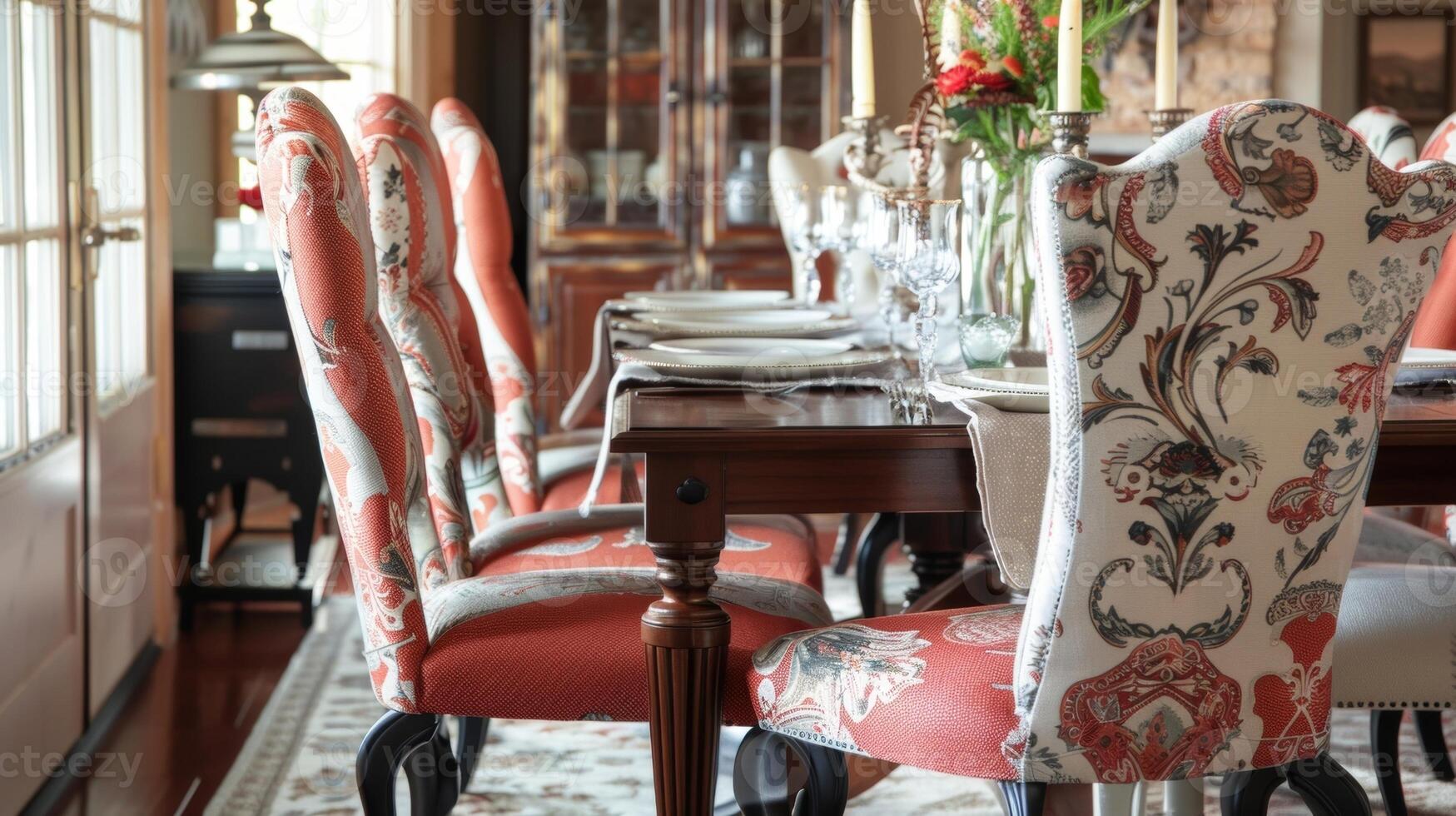un' impostato di vintage cenare sedie ogni con un' diverso tessuto e colore Aggiunge personaggio e fascino per un' tradizionale cenare camera foto