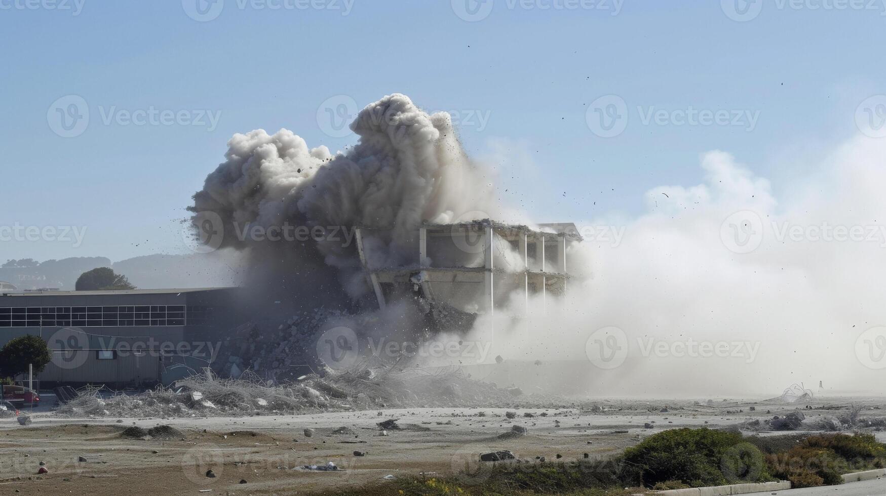 un' demolizione equipaggio utilizzando controllato esplosioni per tranquillamente portare giù un' grande commerciale edificio fabbricazione modo per un' nuovo sviluppo foto