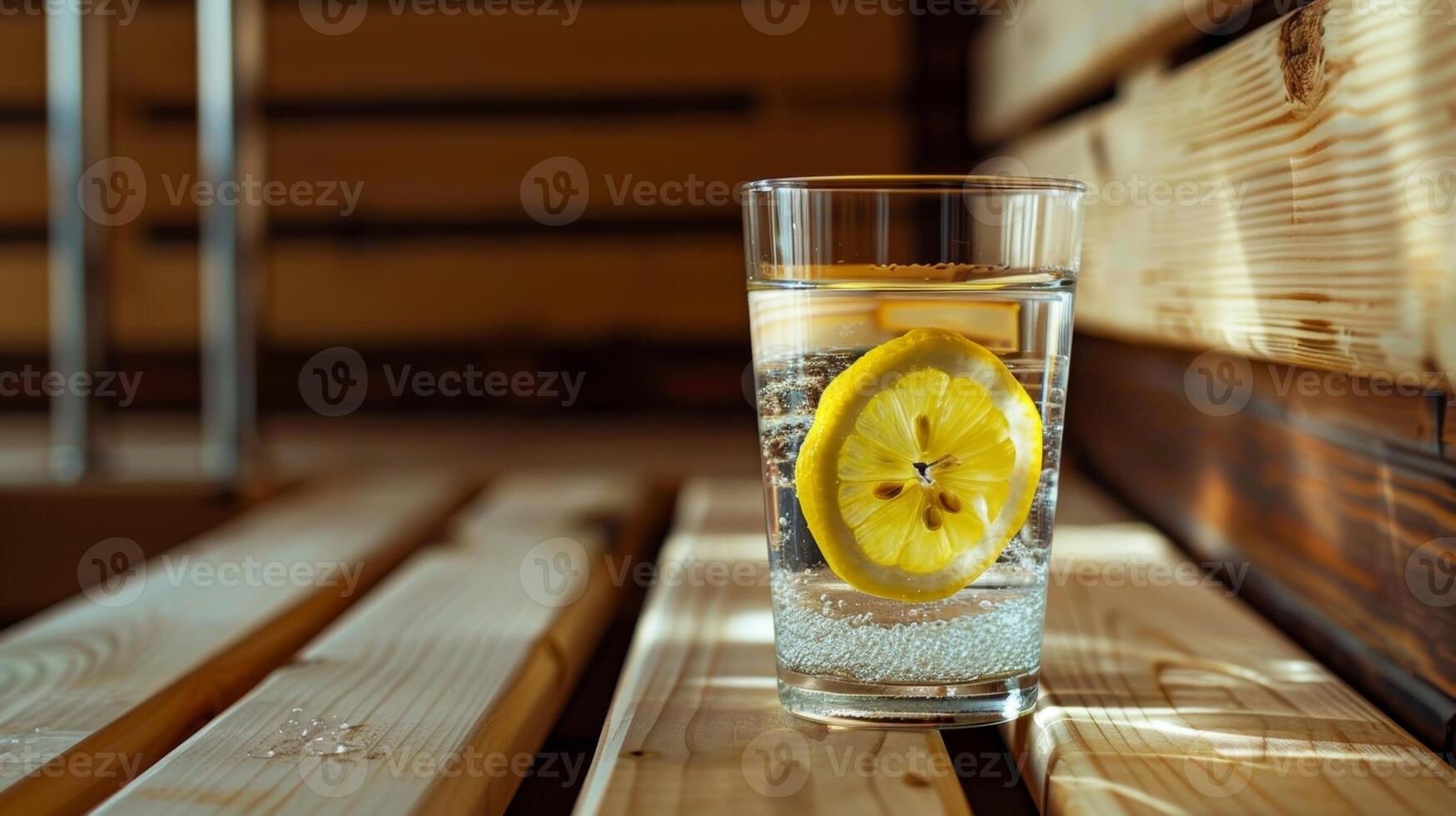 un' bicchiere di rinfrescante Limone acqua seduta su il bordo di il sauna panca. foto