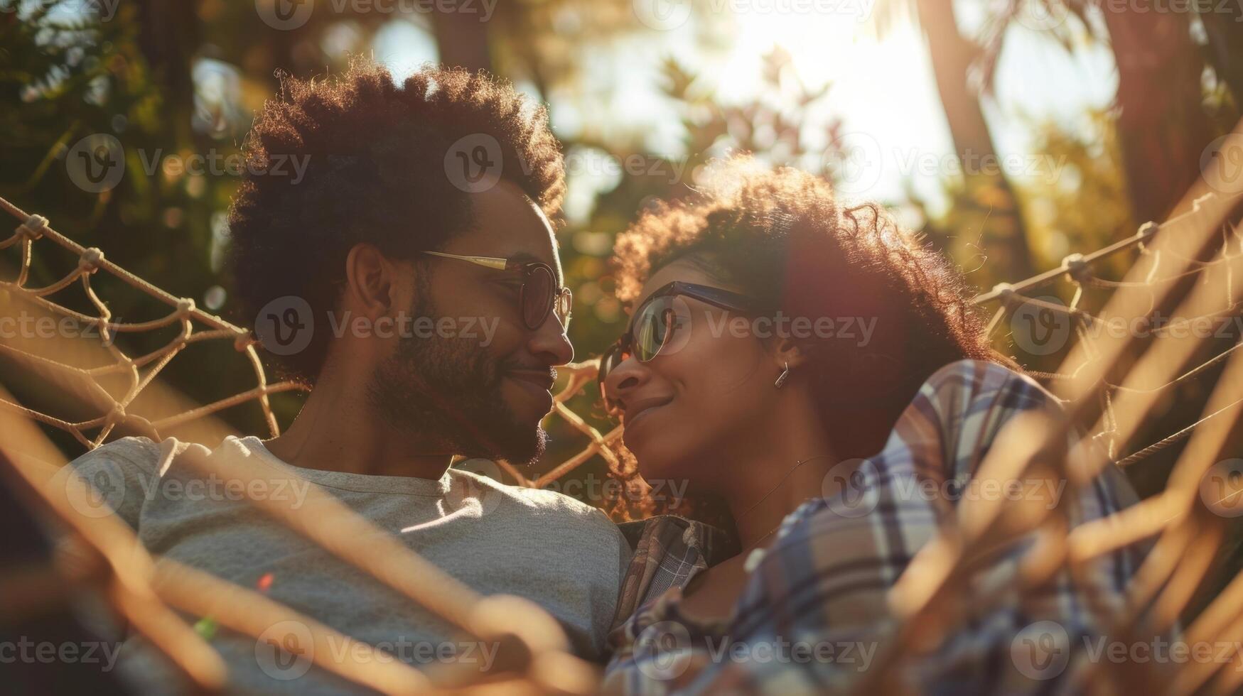 un' coppia nel un' accogliente amaca guardando in ogni altri occhi e godendo il caldo luce del sole foto