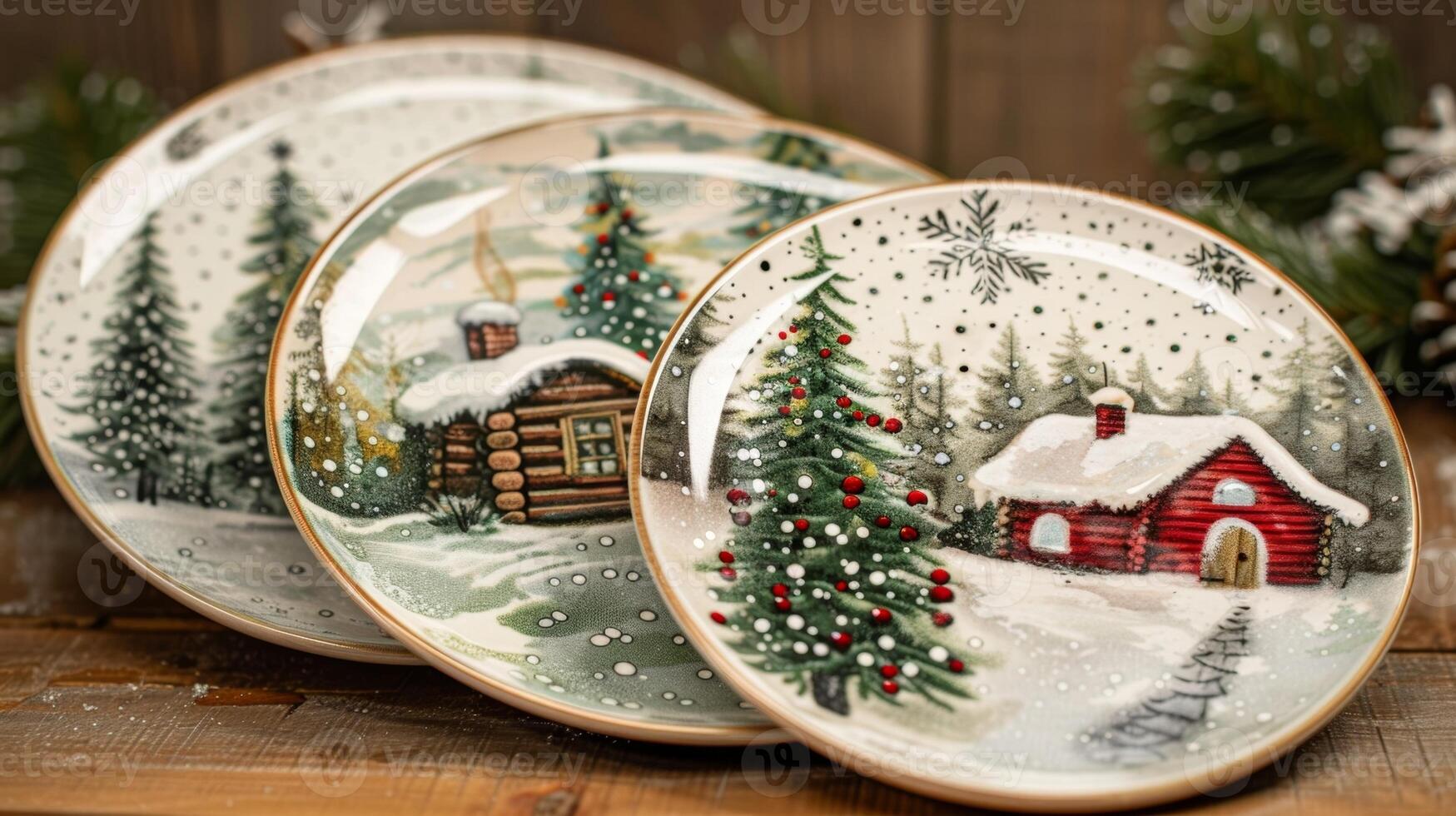 un' impostato di quattro ceramica piatti ogni con un' diverso inverno scena i fiocchi di neve agrifoglio pino alberi e un' accogliente cabina Perfetto per vacanza divertente. foto