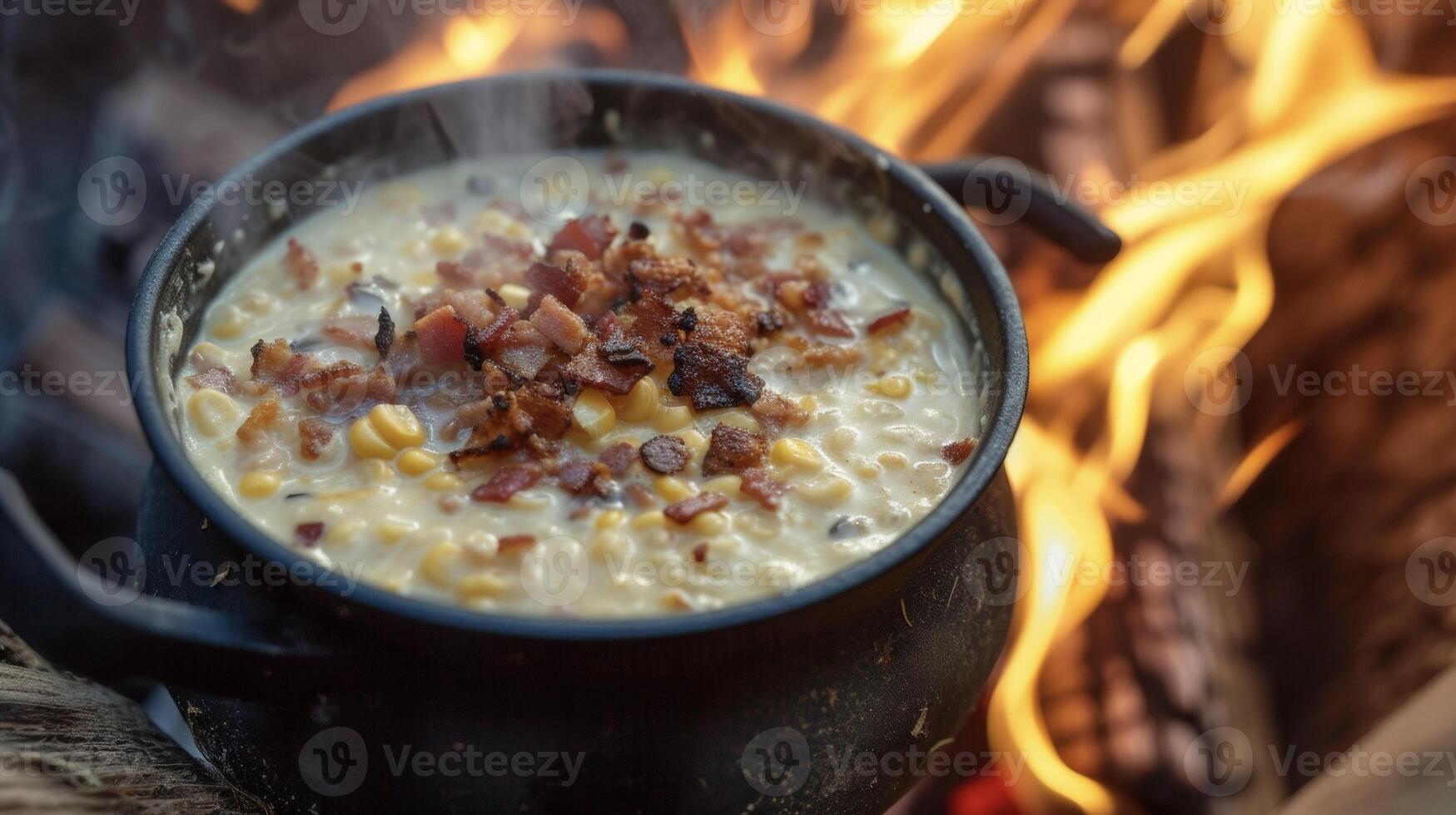 rannicchiarsi su con un' cottura a vapore ciotola di cremoso Mais zuppa di pesce lentamente cucinato al di sopra di il tremolante fiamme di un' fuoco e finito con croccante Bacon si sbriciola foto