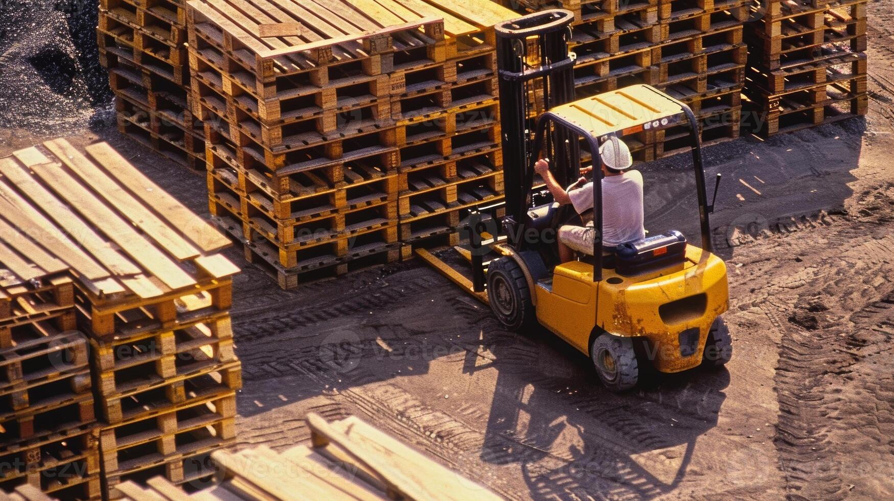 un' lavoratore operativo un' carrello elevatore a forca in movimento pallet di edificio materiale per diverso le zone di il luogo foto