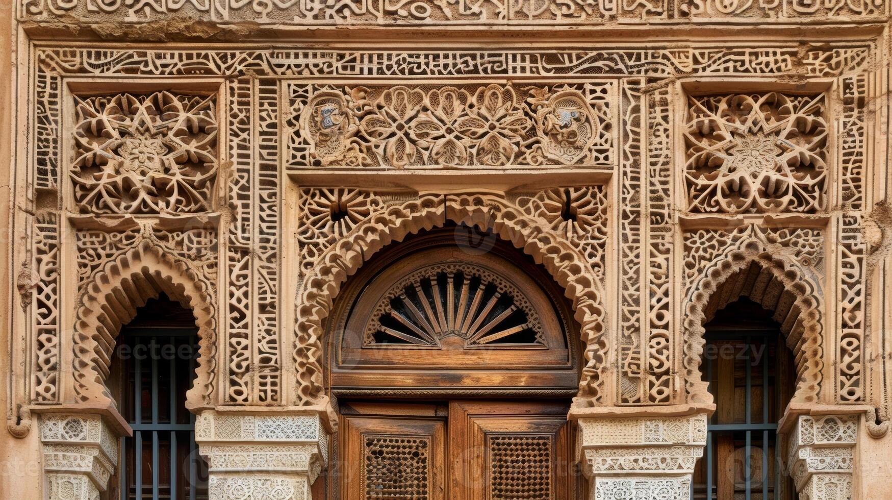 un' argilla edificio con intricatamente lavorato finestre e porte artigianale di qualificato artigiani utilizzando antico tecniche preservare il arte e cultura di argilla costruzione. foto