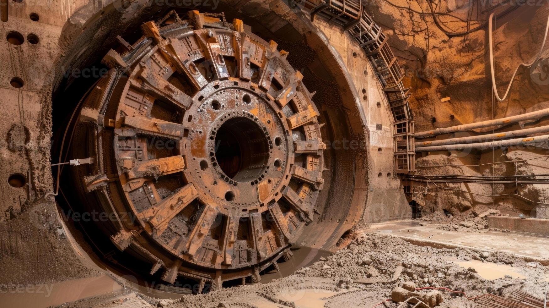 un' tunnel noioso macchina con suo gigante Filatura trapano teste lentamente intaglio su il sentiero per il metropolitana tunnel foto
