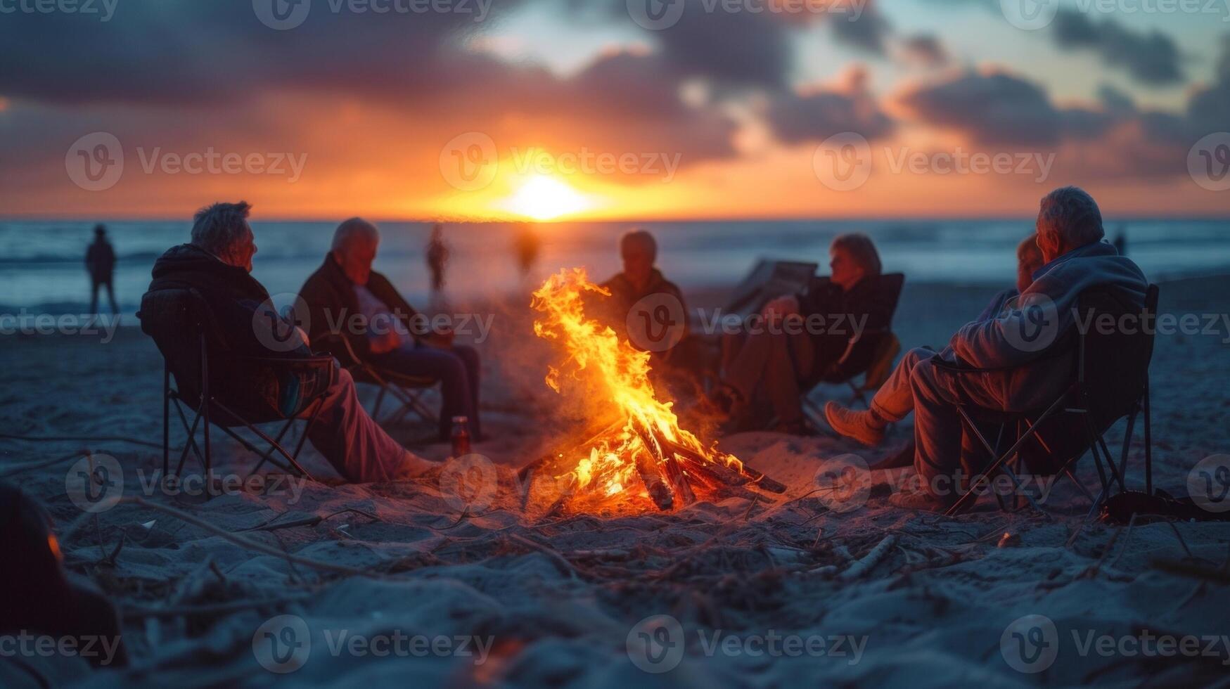 un' gruppo di pensionati si riunirono in giro un' falò su il spiaggia torrefazione marshmallows e condivisione storie come il sole imposta nel il sfondo getto un' magico leggero su loro facce foto