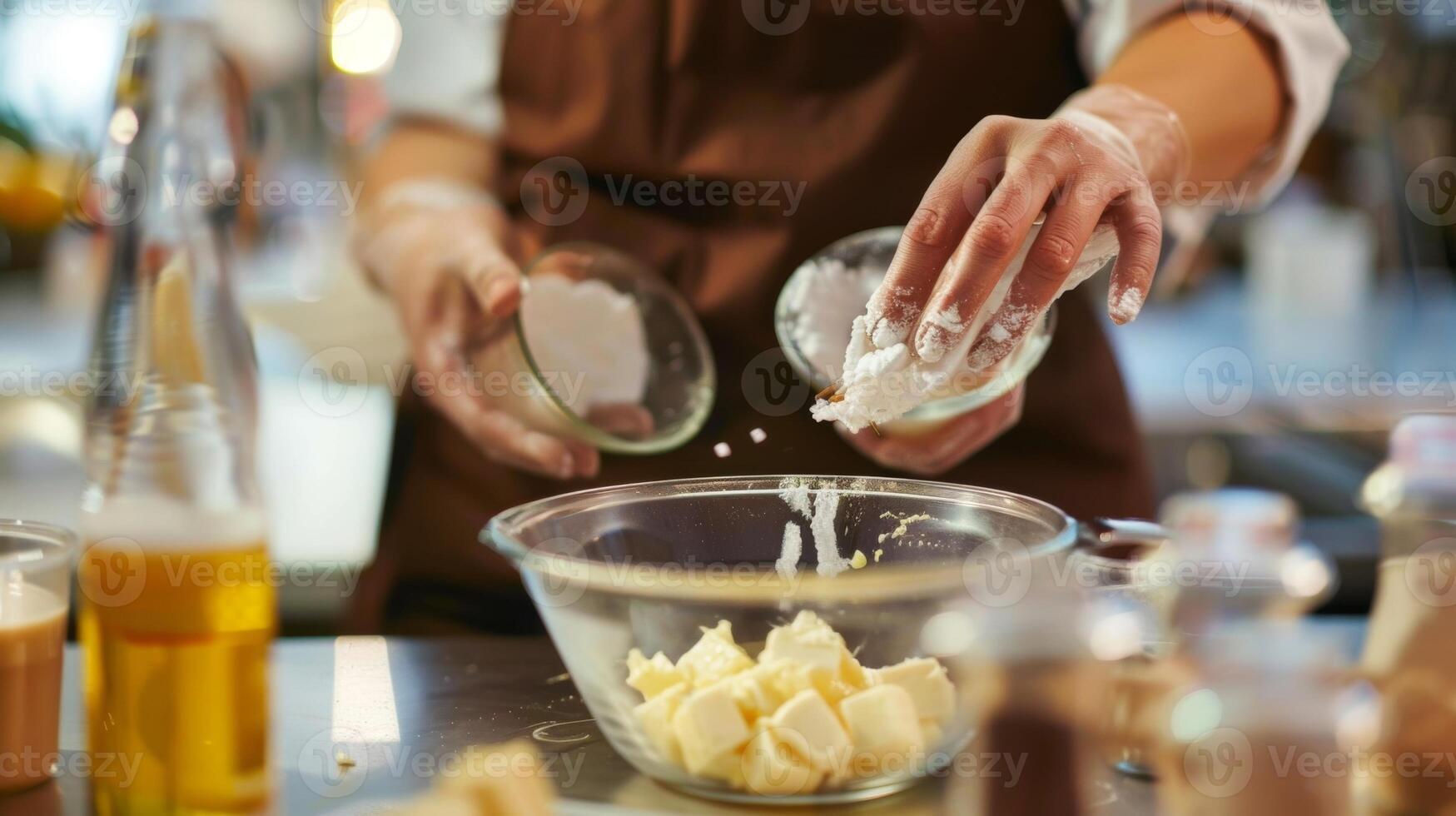 un' cottura al forno istruttore dimostrando Come per infondere dolci con unico sapori utilizzando non alcolico bevande durante un' sessione foto