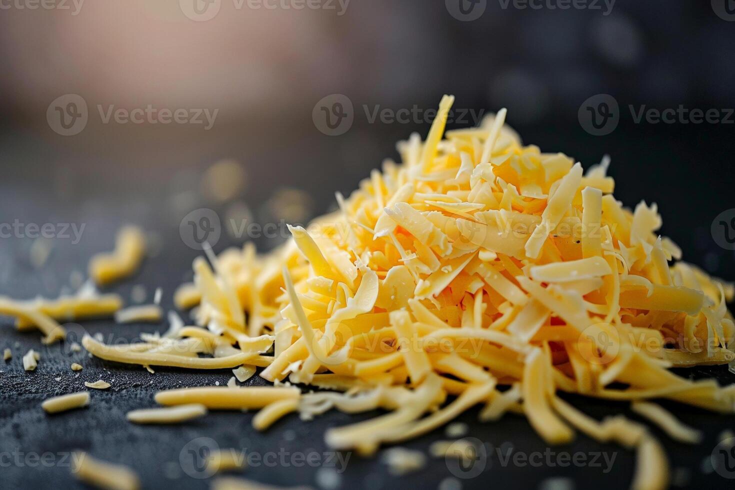 triturati Cheddar formaggio su un' liscio Borgogna per nero pendenza sfondo, ricco e in profondità colori valorizzare il visivo foto