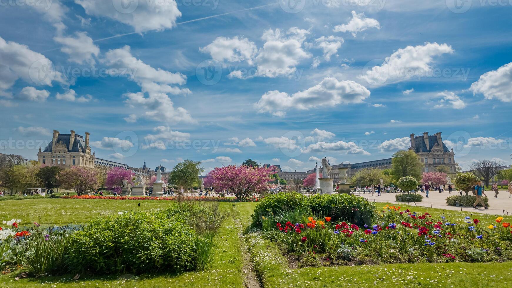 fioritura primavera nel un' parigino giardino con colorato tulipani e ciliegia fiori, ideale per viaggio e giardinaggio temi o Pasqua vacanza promozioni foto