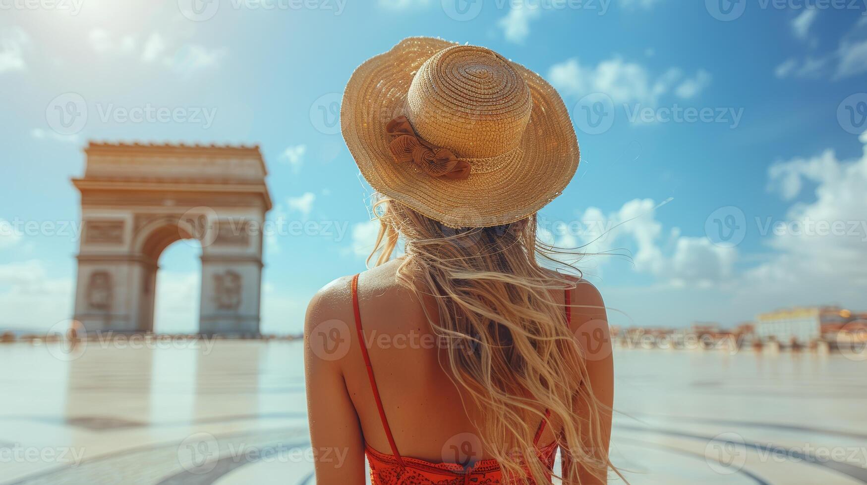 giovane donna nel rosso vestito ammirazione il arco de triomphe foto