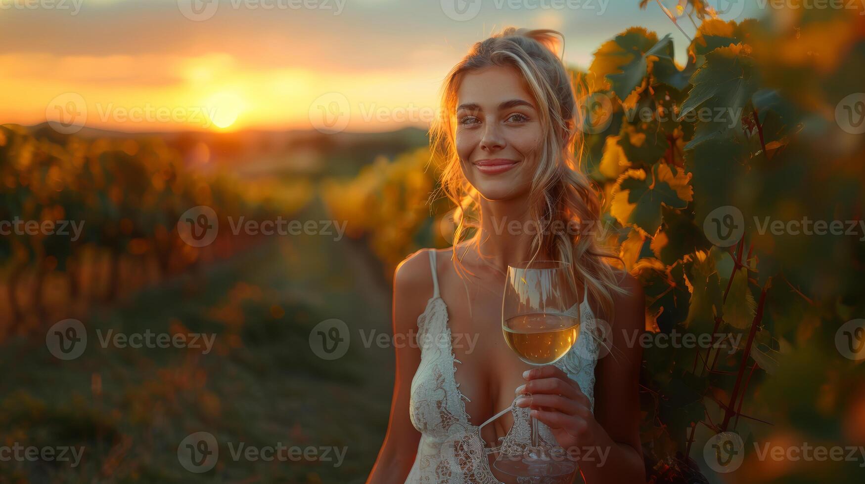 elegante giovane donna godendo vino nel vigneto a tramonto foto