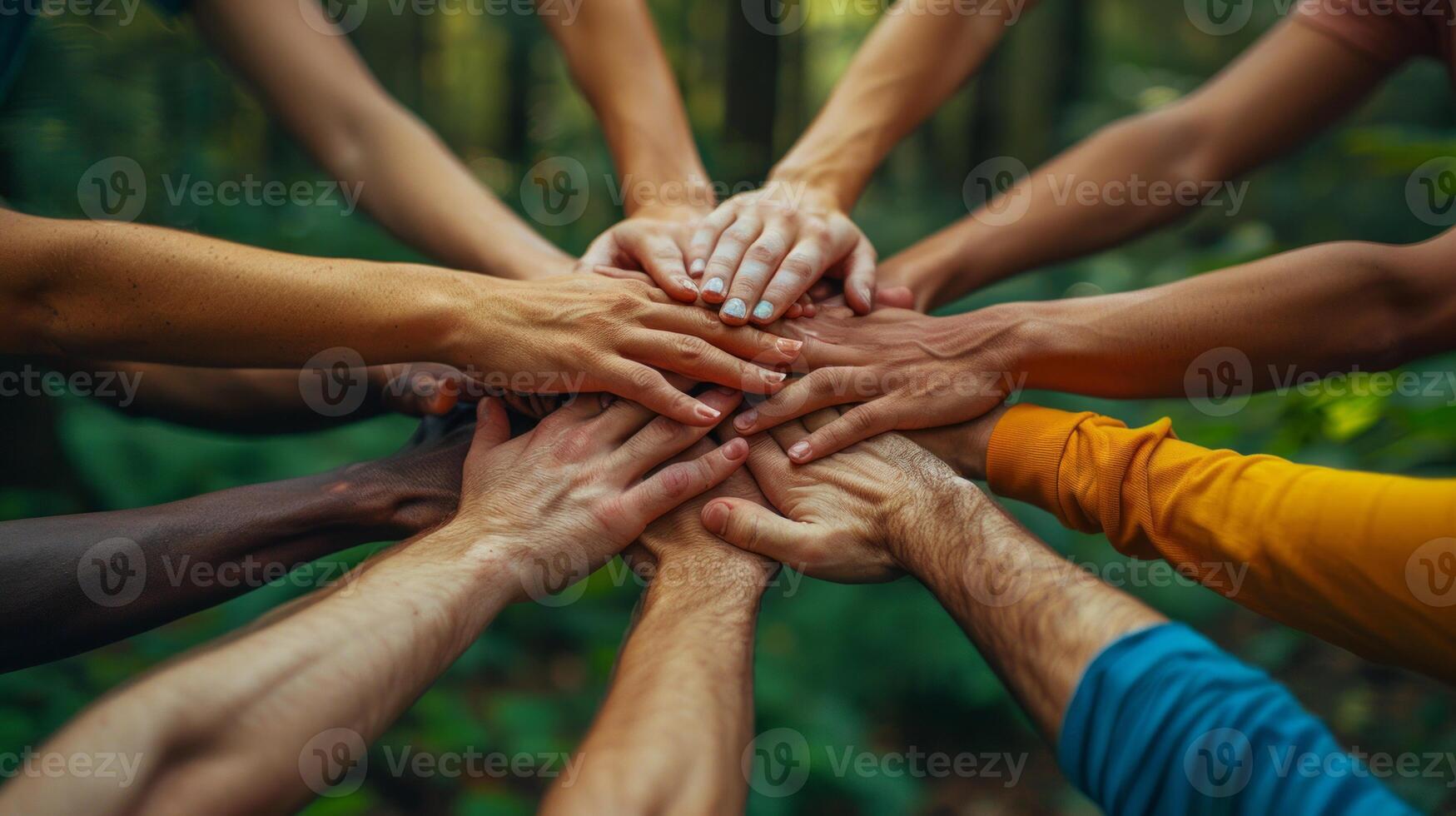 diverso gruppo di mani insieme nel unità e lavoro di squadra foto