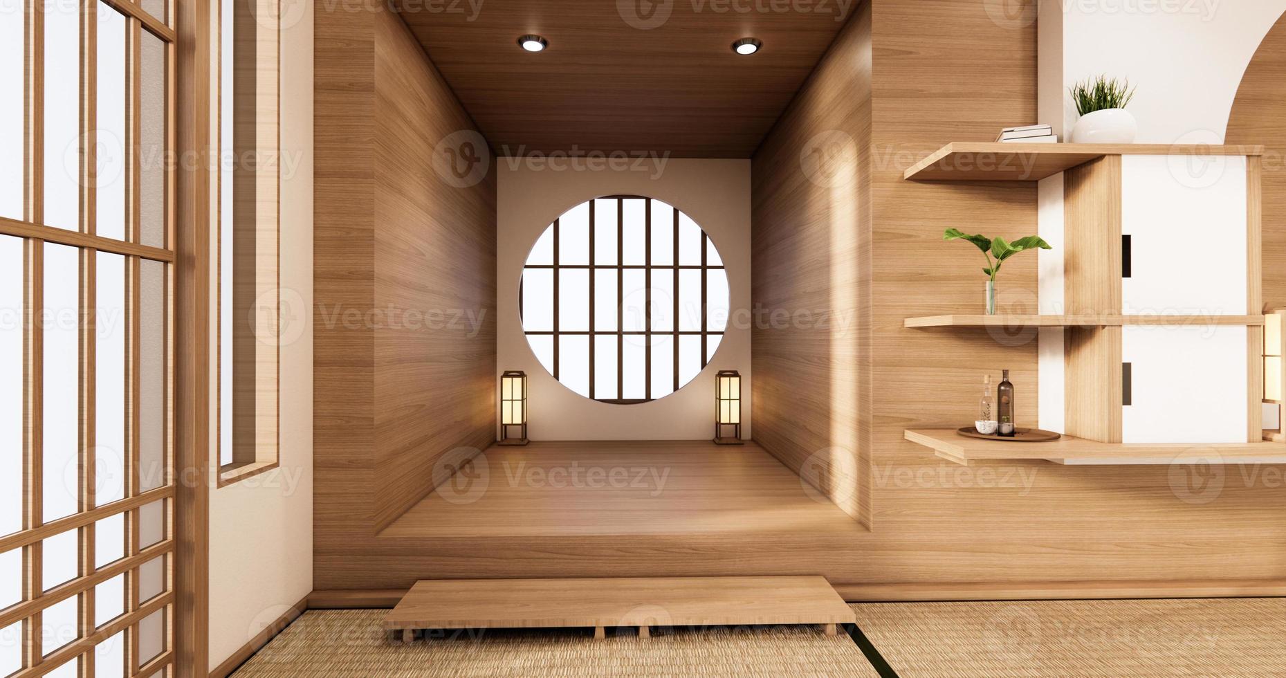 l'idea di design in legno della finestra circolare della stanza del giappone e del tatami. rendering 3d foto