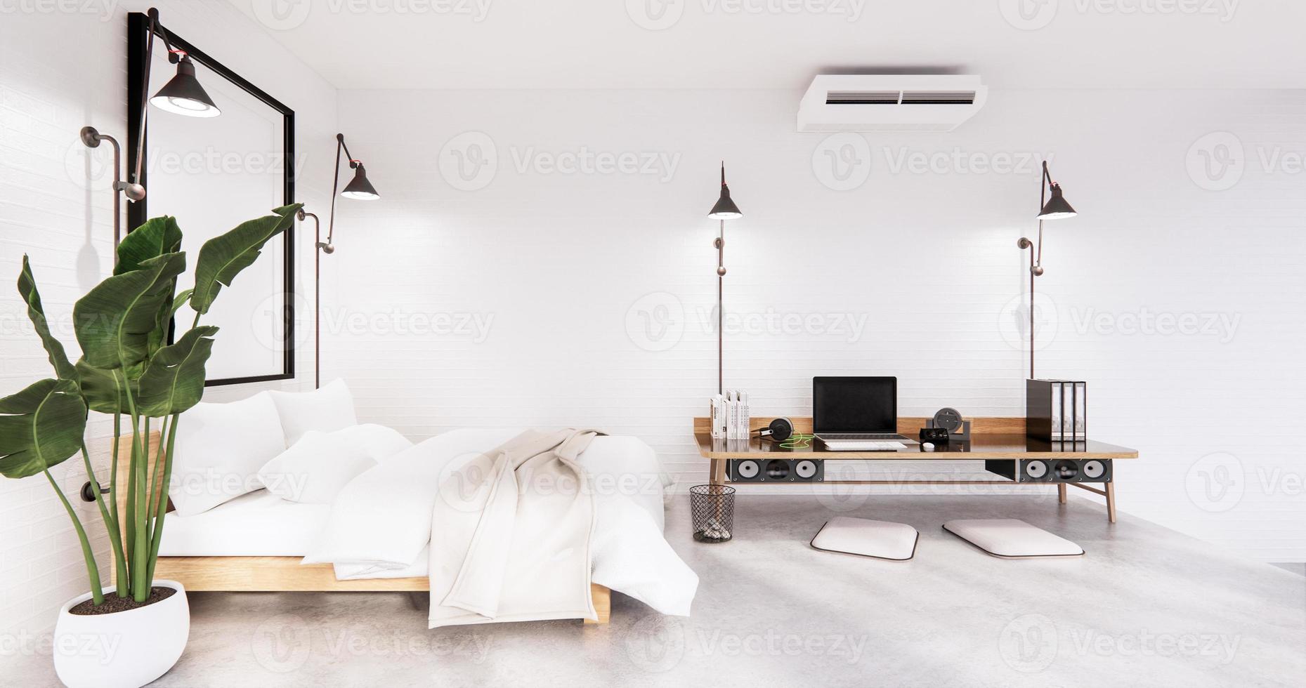stile loft interno camera da letto con computer e strumento da ufficio sulla scrivania. rendering 3d foto