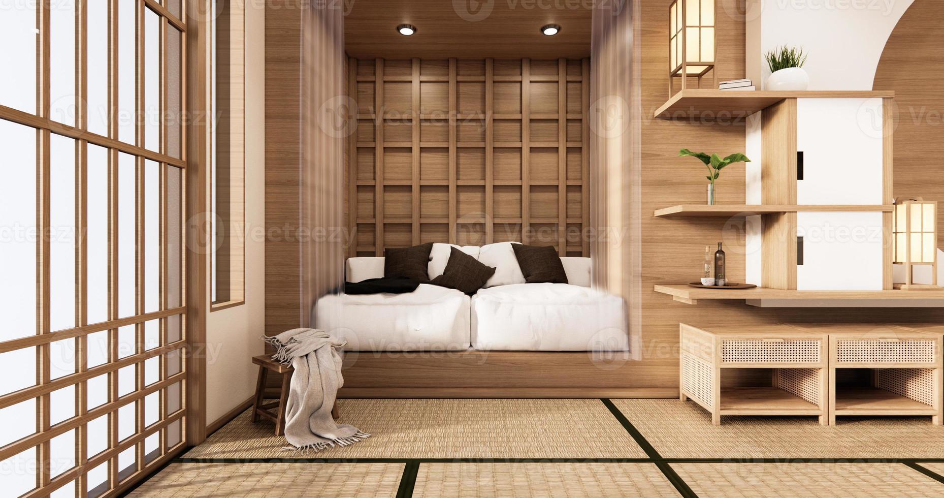 divano bianco giapponese in camera giappone design tropicale e pavimento tatami.3d rendering foto