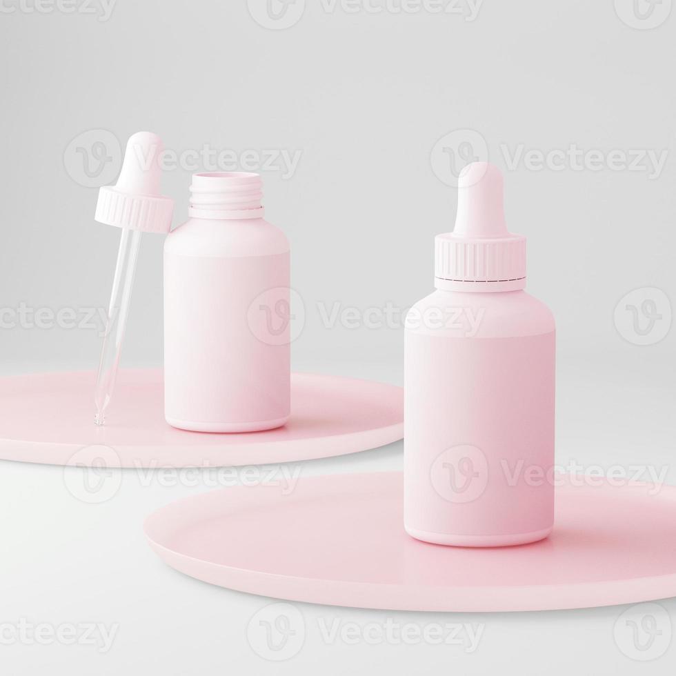 pulito rosa moderno design minimale. flacone contagocce cosmetico per liquidi, creme, gel, lozioni. pacchetto di prodotti di bellezza, modello vuoto di vasetto di plastica bianca. illustrazione 3D. foto