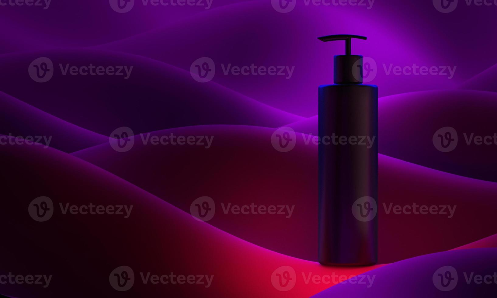 illustrazione realistica della bottiglia 3d. pompa di sapone sulle onde astratte di colore di sfondo. flaconcino cosmetico wish shampoo, gel. modello per affari cosmetici, pubblicità, promozione, elenco. foto