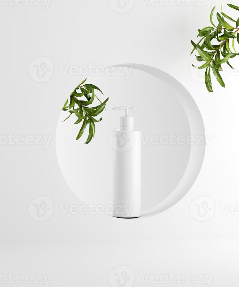 fase minima cosmetica naturale per la presentazione del prodotto. podio del barattolo cosmetico e foglia verde su fondo monocromatico. rendering 3D. foto