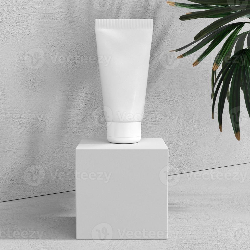 design bianco pulito di crema cosmetica naturale, siero, confezione di bottiglie vuote per la cura della pelle con foglie di erbe. prodotto biologico biologico. concetto di bellezza e spa. illustrazione 3D foto