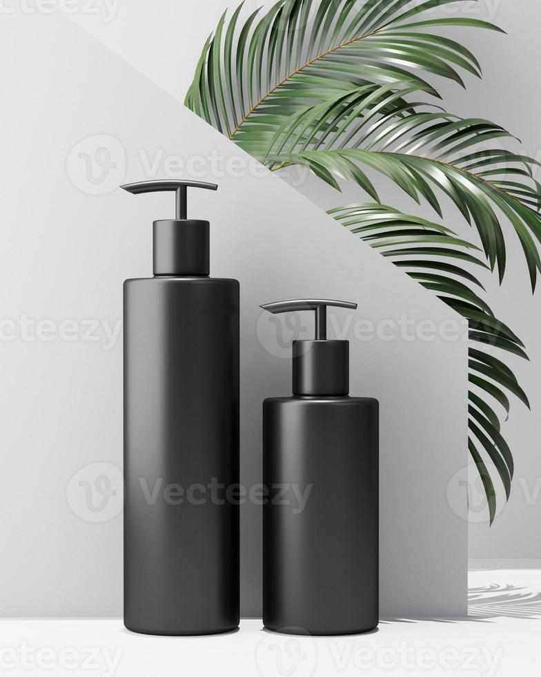 design bianco di crema cosmetica naturale, siero, confezione di bottiglie vuote per la cura della pelle con foglie di erbe, prodotto biologico biologico. Concetto di bellezza e spa. illustrazione 3d foto