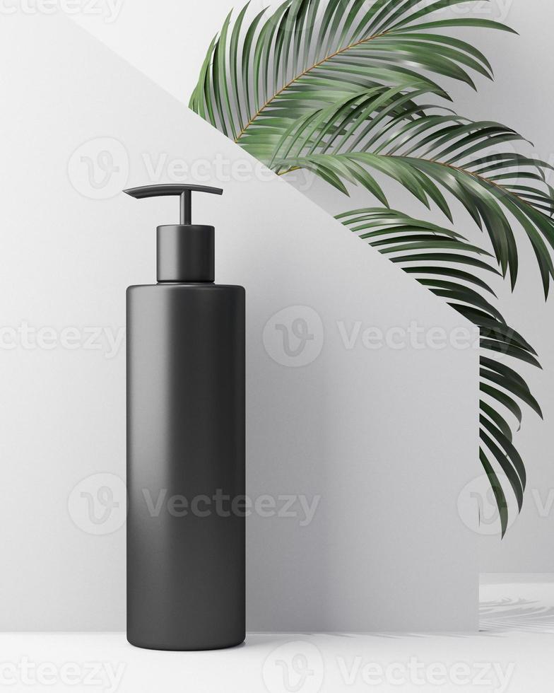 design bianco di crema cosmetica naturale, siero, confezione di bottiglie vuote per la cura della pelle con foglie di erbe, prodotto biologico biologico. Concetto di bellezza e spa. illustrazione 3d foto