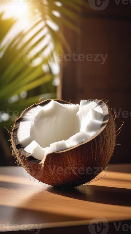 Noce di cocco con metà su il legna tavolo su tramonto sfondo con palma e acqua oceano foto