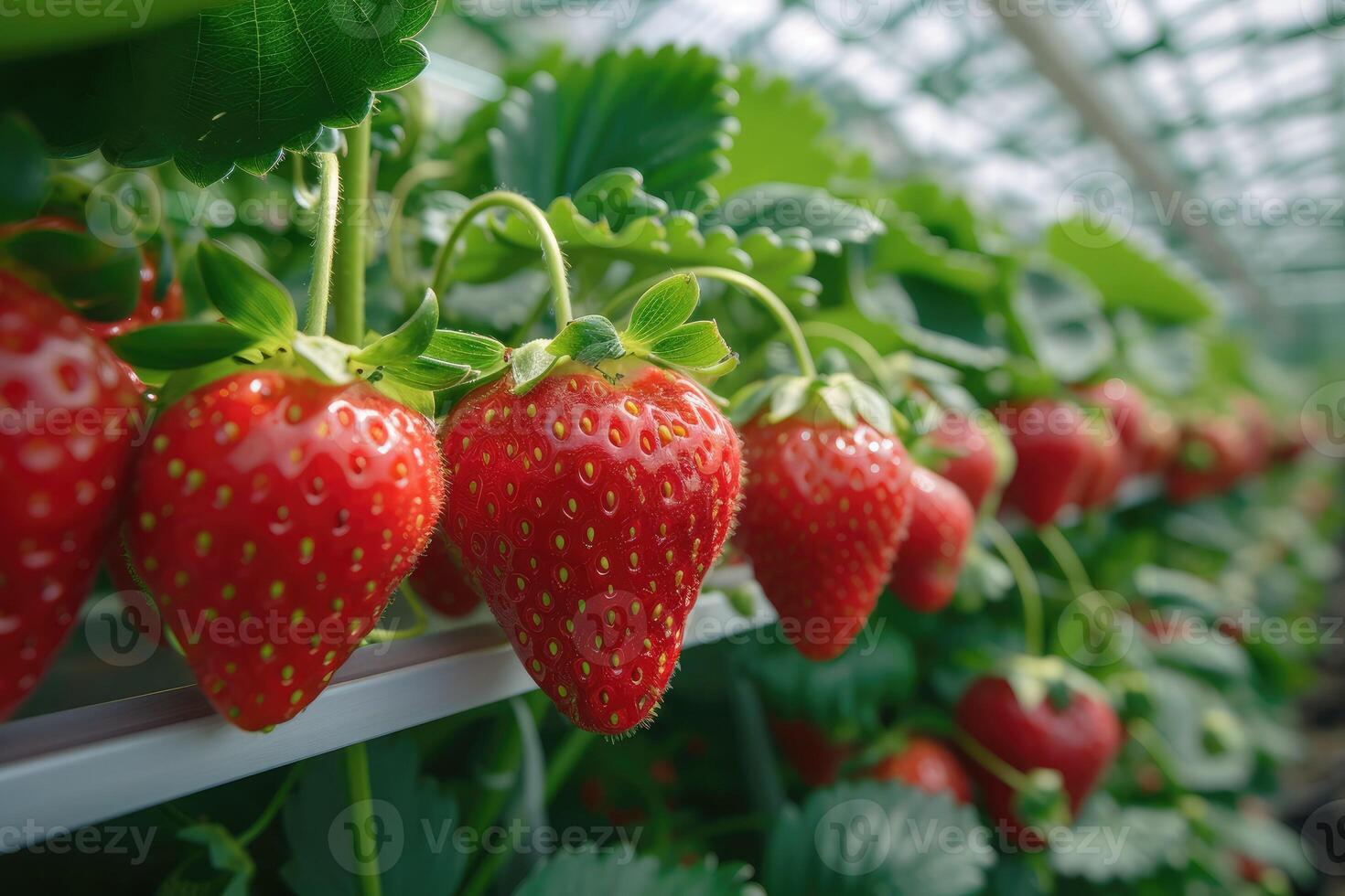 in crescita fragole nel un' serra con un' idroponica scaffalature sistema. High Tech agricoltura foto