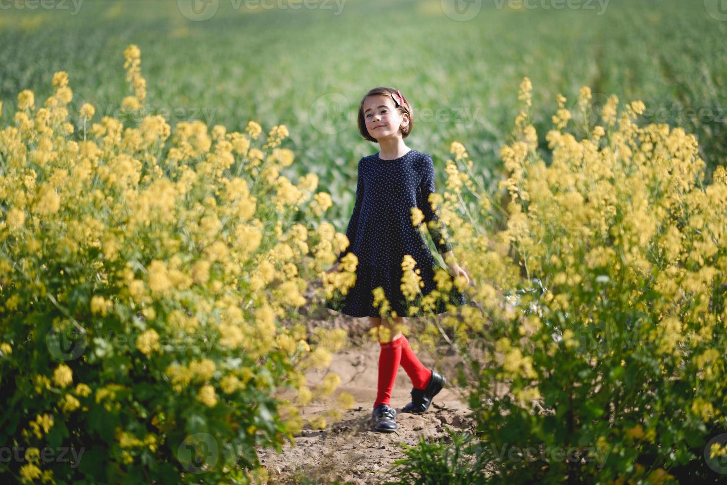 bambina che cammina nel campo della natura indossando un bel vestito foto