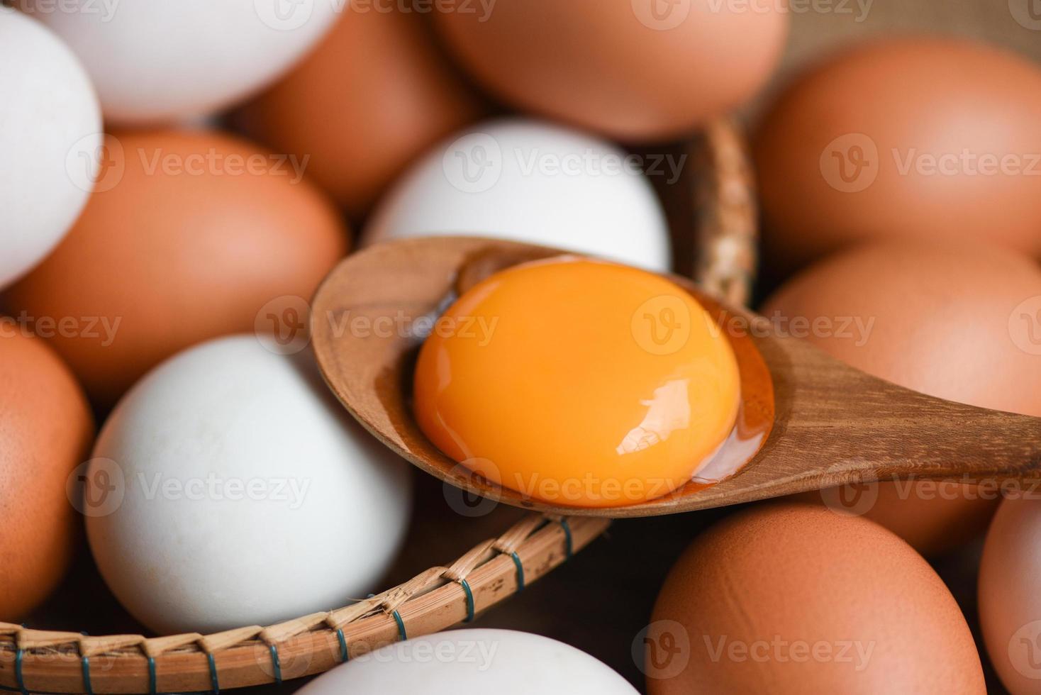 uova di gallina e uova di anatra raccolgono da prodotti agricoli naturali in un concetto di alimentazione sana del cestino, tuorlo d'uovo rotto fresco foto